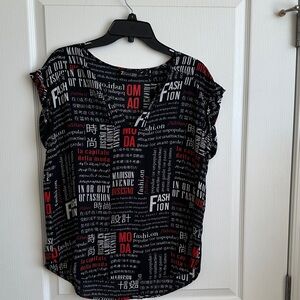Cool Black Top with White and Red Text Print & Short Sleeves